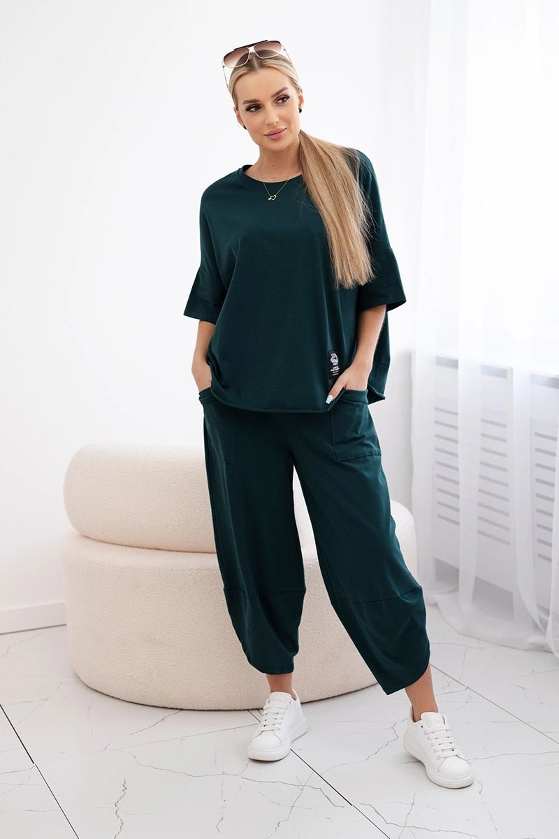 Cotton set blouse + trousers 6727 / – Green || Dark цвет / color | Lexline Fashion