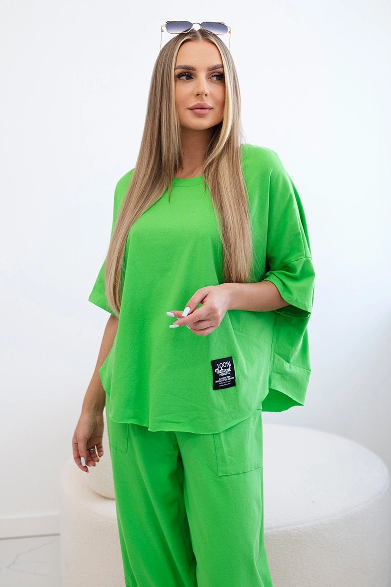 Cotton set blouse + trousers 6727 / – Green || Light цвет / color | Lexline Fashion
