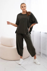 Cotton set blouse + trousers 6727 / – Khaki цвет / color | Lexline Fashion