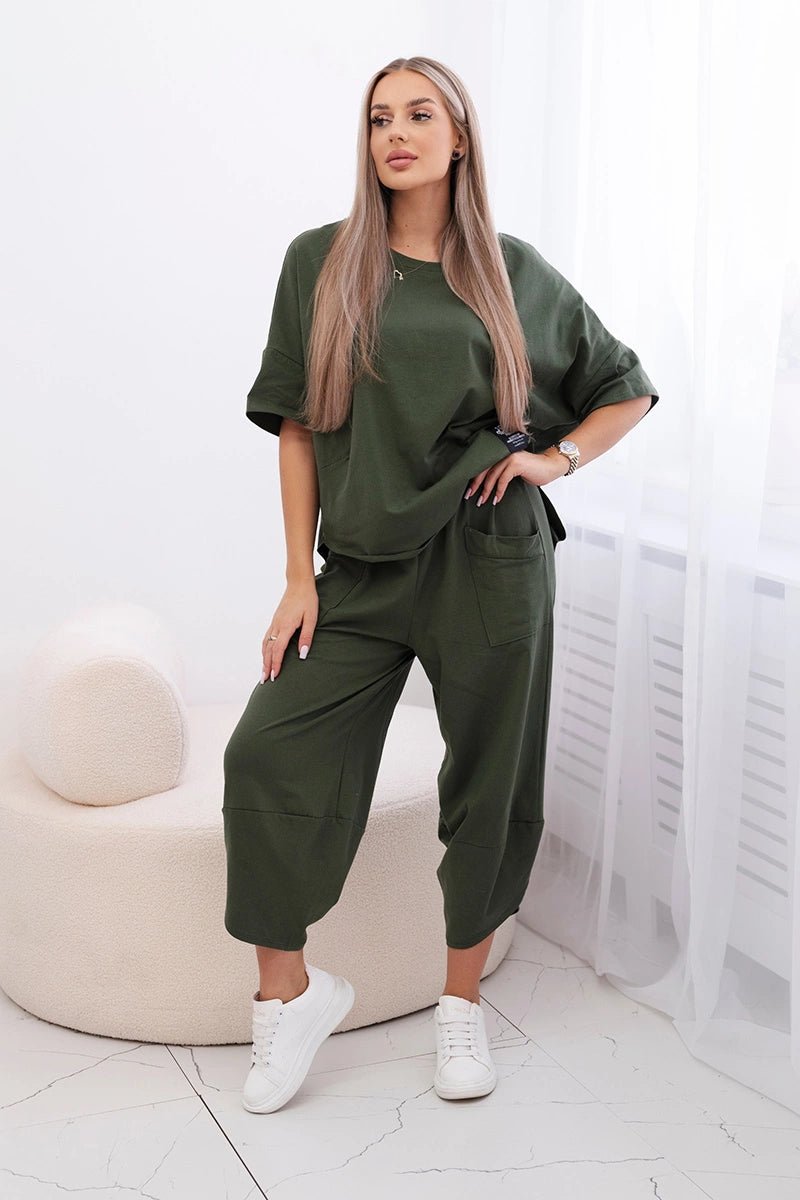 Cotton set blouse + trousers 6727 / – Khaki || Light цвет / color | Lexline Fashion