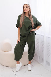 Cotton set blouse + trousers 6727 / – Khaki || Light цвет / color | Lexline Fashion