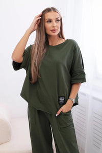 Cotton set blouse + trousers 6727 / – Khaki || Light цвет / color | Lexline Fashion