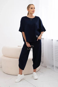 Cotton set blouse + trousers 6727 / – Navy blue цвет / color | Lexline Fashion