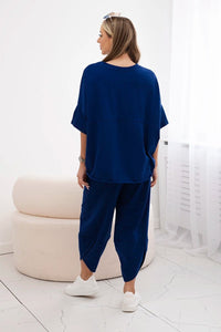 Cotton set blouse + trousers 6727 / – Navy blue || Light цвет / color | Lexline Fashion