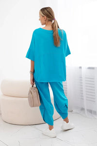 Cotton set blouse + trousers 6727 / – Turquoise цвет / color | Lexline Fashion