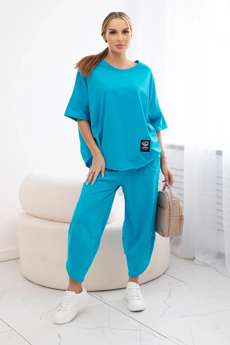 Cotton set blouse + trousers 6727 / – Turquoise цвет / color | Lexline Fashion