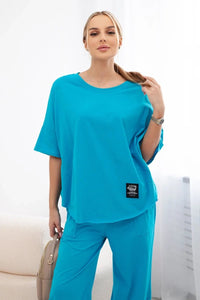 Cotton set blouse + trousers 6727 / – Turquoise цвет / color | Lexline Fashion