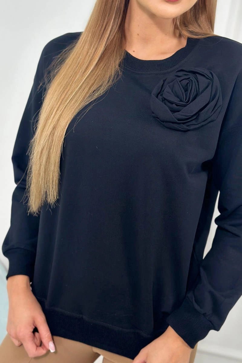 Cotton sweater with decorative flower 9453 / – Black цвет / color | Lexline Fashion