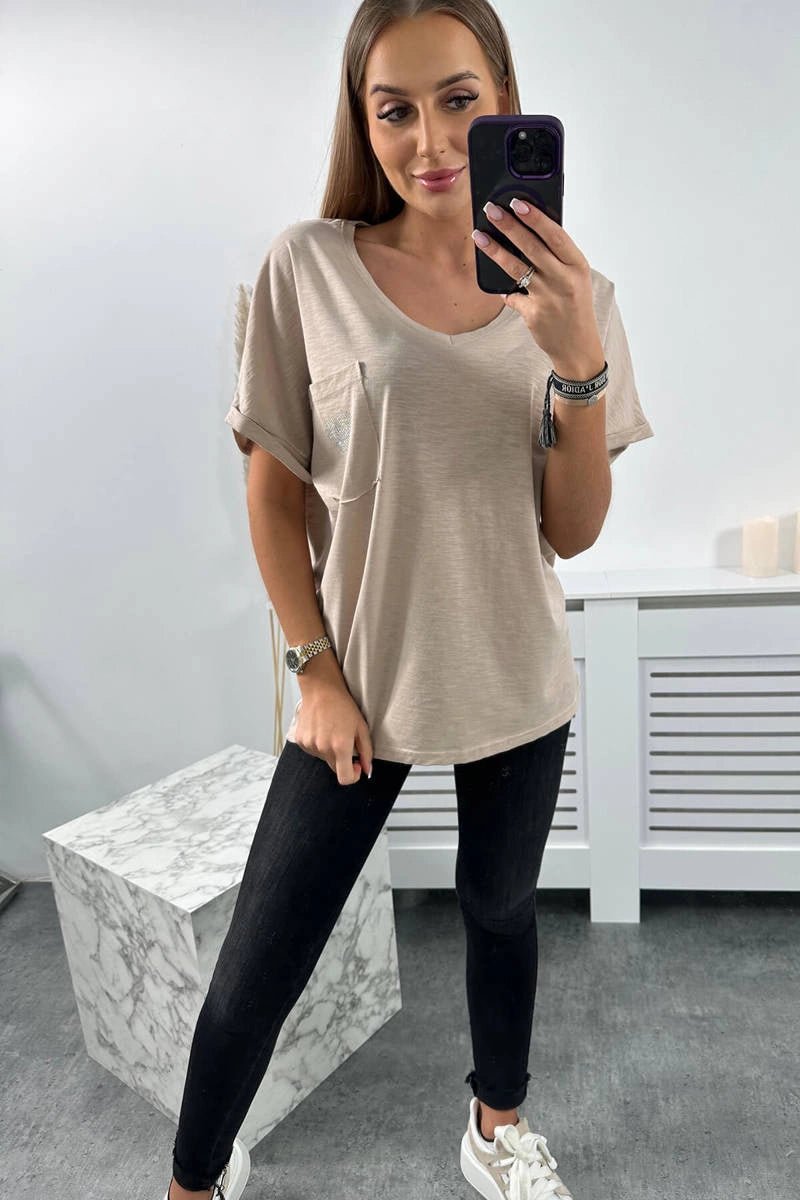 Cotton T-shirt with a pocket 7110 / – Beige цвет / color | Lexline Fashion