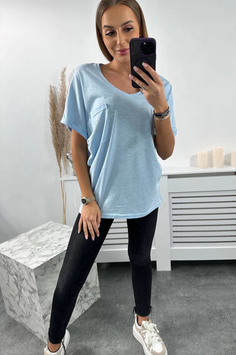 Cotton T-shirt with a pocket 7110 / – Blue цвет / color | Lexline Fashion