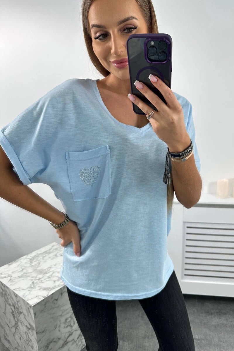 Cotton T-shirt with a pocket 7110 / – Blue цвет / color | Lexline Fashion