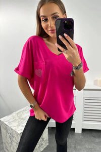 Cotton T-shirt with a pocket 7110 / – Fuchsia цвет / color | Lexline Fashion