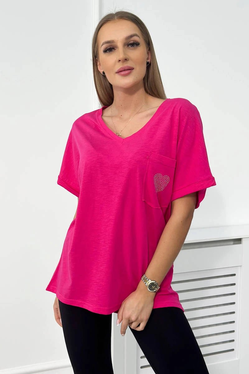 Cotton T-shirt with a pocket 7110 / – Fuchsia цвет / color | Lexline Fashion