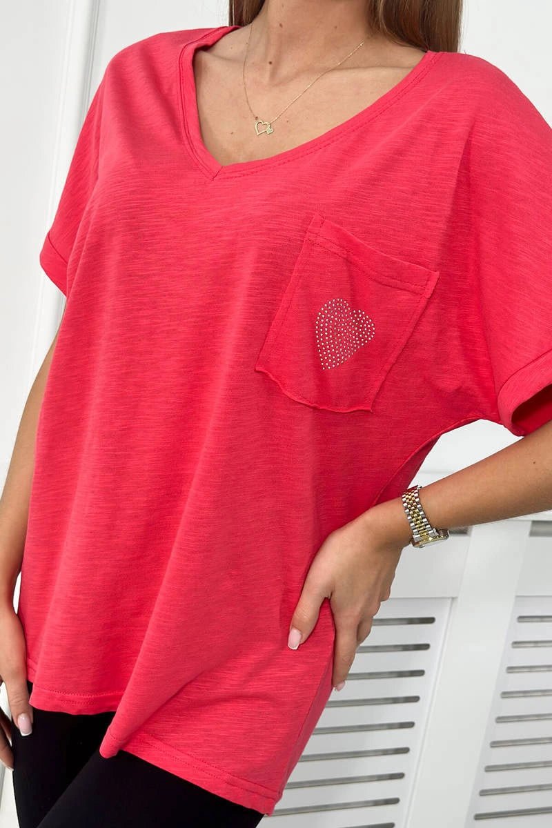 Cotton T-shirt with a pocket 7110 / – Raspberry цвет / color | Lexline Fashion