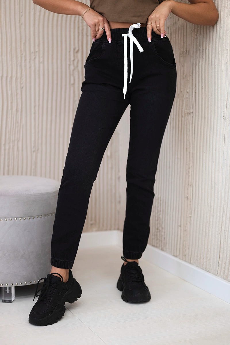 Denim trousers with a drawstring 5569 / – Black цвет / color | Lexline Fashion