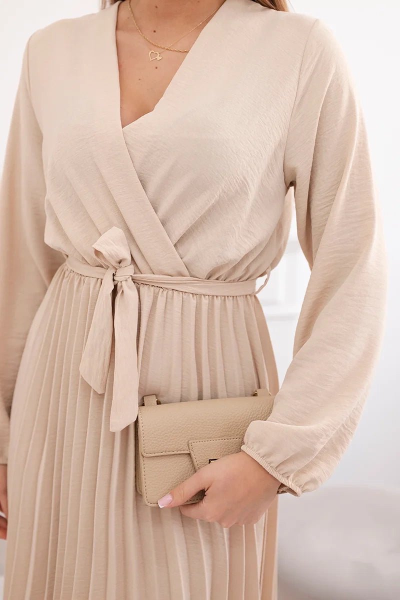 Dress tied with a pleated hem 1027M / – Beige цвет / color | Lexline Fashion