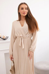 Dress tied with a pleated hem 1027M / – Beige цвет / color | Lexline Fashion