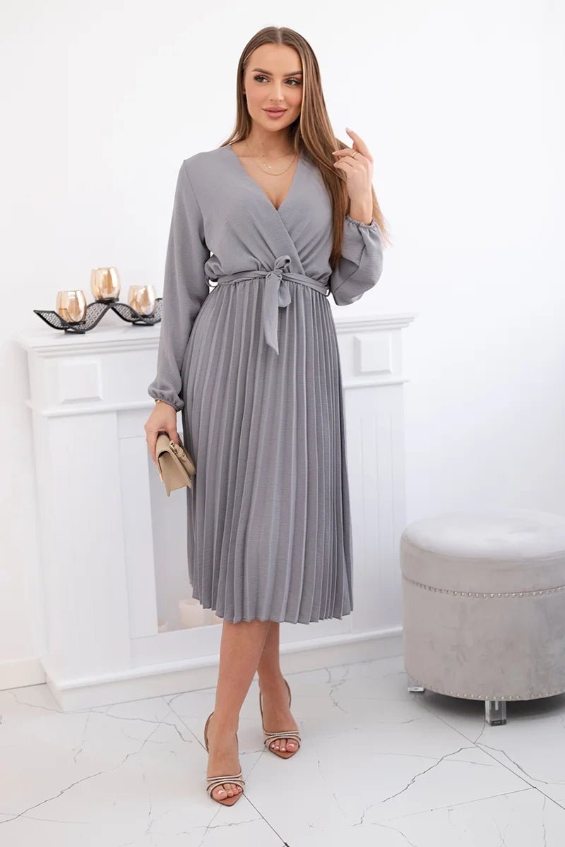 Dress tied with a pleated hem 1027M / – Gray цвет / color | Lexline Fashion