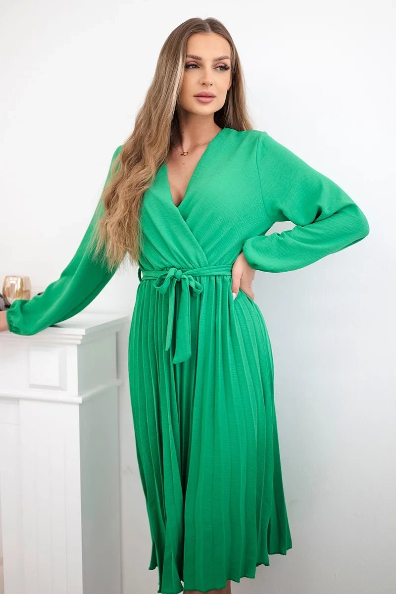 Dress tied with a pleated hem 1027M / – Green цвет / color | Lexline Fashion