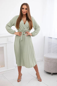 Dress tied with a pleated hem 1027M / – Khaki || Light цвет / color | Lexline Fashion