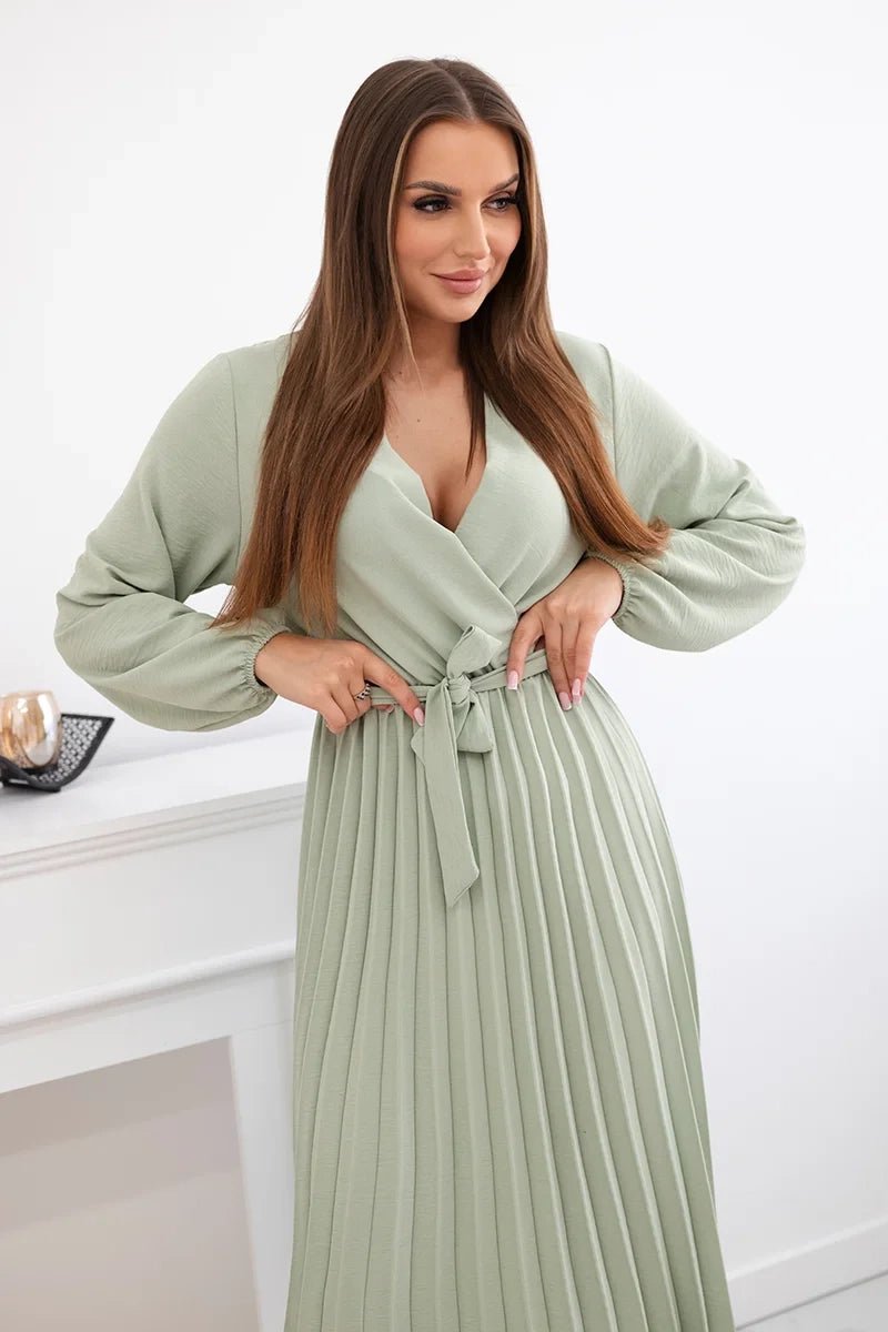 Dress tied with a pleated hem 1027M / – Khaki || Light цвет / color | Lexline Fashion