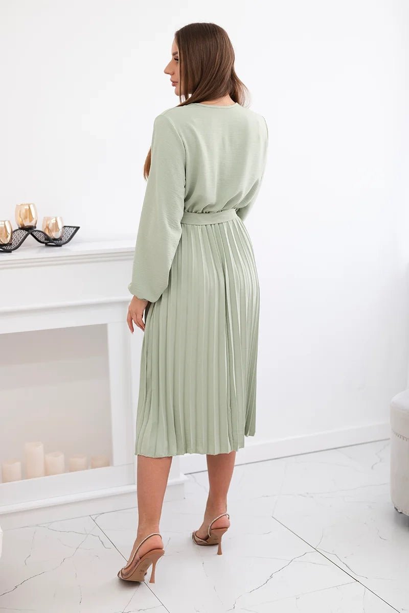 Dress tied with a pleated hem 1027M / – Khaki || Light цвет / color | Lexline Fashion