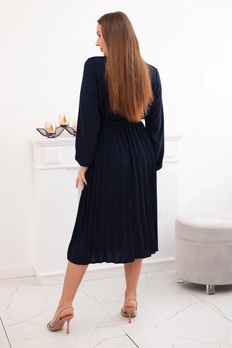 Dress tied with a pleated hem 1027M / – Navy blue цвет / color | Lexline Fashion