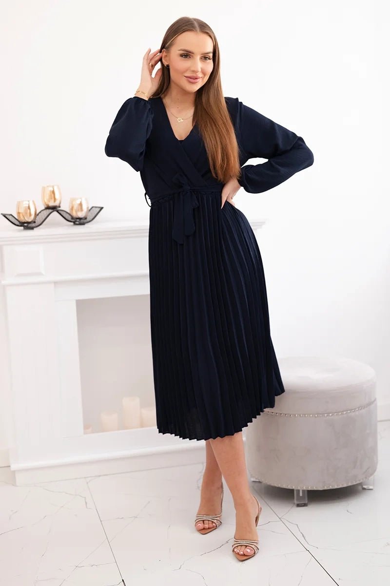 Dress tied with a pleated hem 1027M / – Navy blue цвет / color | Lexline Fashion