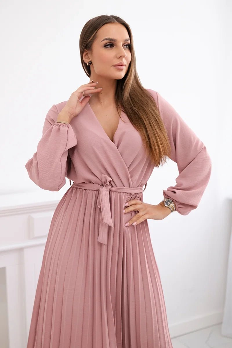 Dress tied with a pleated hem 1027M / – Pink || Dark цвет / color | Lexline Fashion