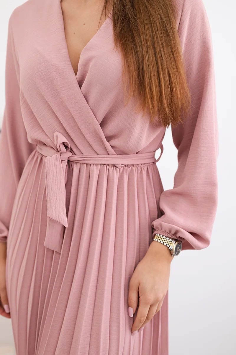 Dress tied with a pleated hem 1027M / – Pink || Dark цвет / color | Lexline Fashion