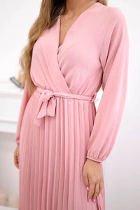 Dress tied with a pleated hem 1027M / – Powder || Dark цвет / color | Lexline Fashion