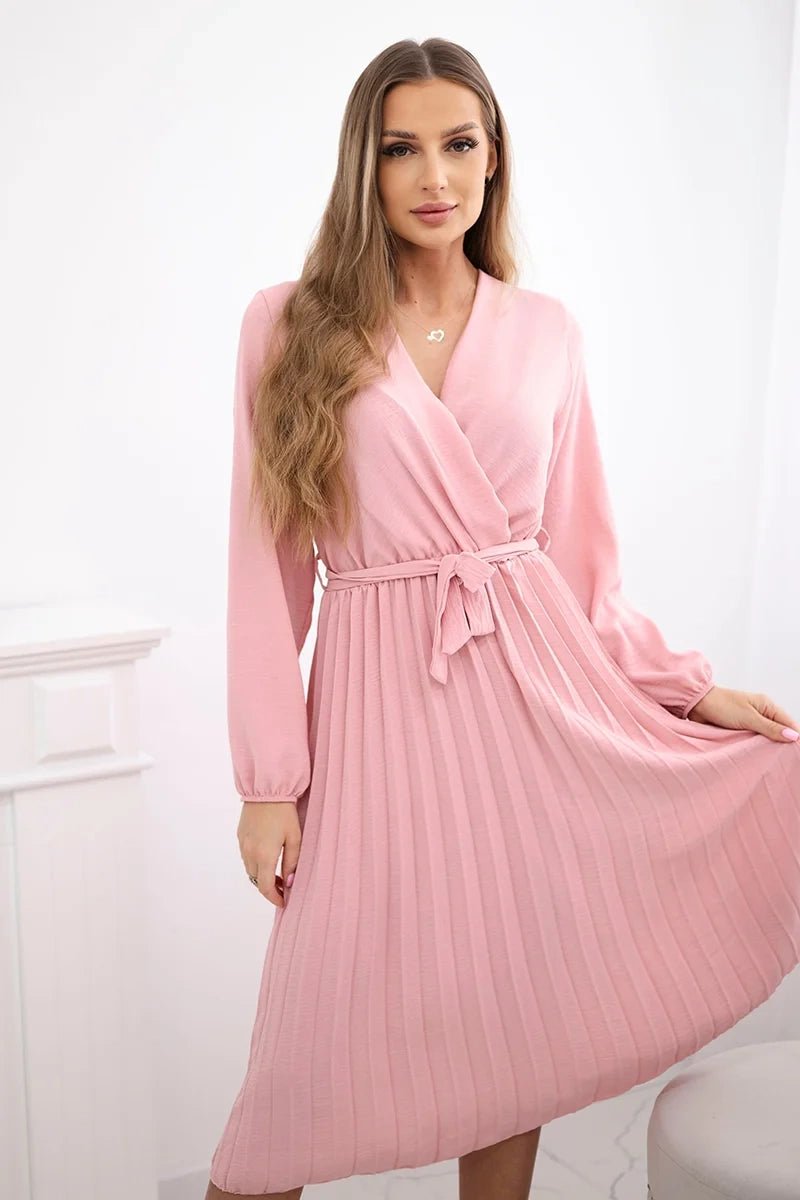 Dress tied with a pleated hem 1027M / – Powder || Dark цвет / color | Lexline Fashion