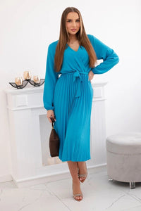 Dress tied with a pleated hem 1027M / – Turquoise цвет / color | Lexline Fashion