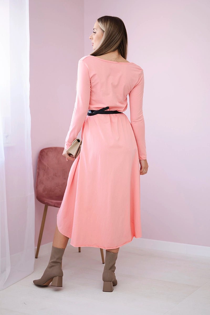 Dress with a decorative belt and an inscription 9160 / – Apricot цвет / color | Lexline Fashion