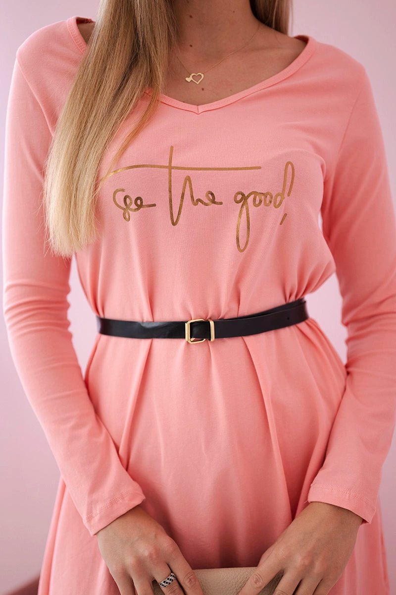 Dress with a decorative belt and an inscription 9160 / – Apricot цвет / color | Lexline Fashion