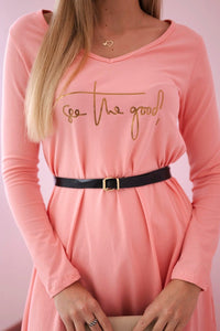 Dress with a decorative belt and an inscription 9160 / – Apricot цвет / color | Lexline Fashion