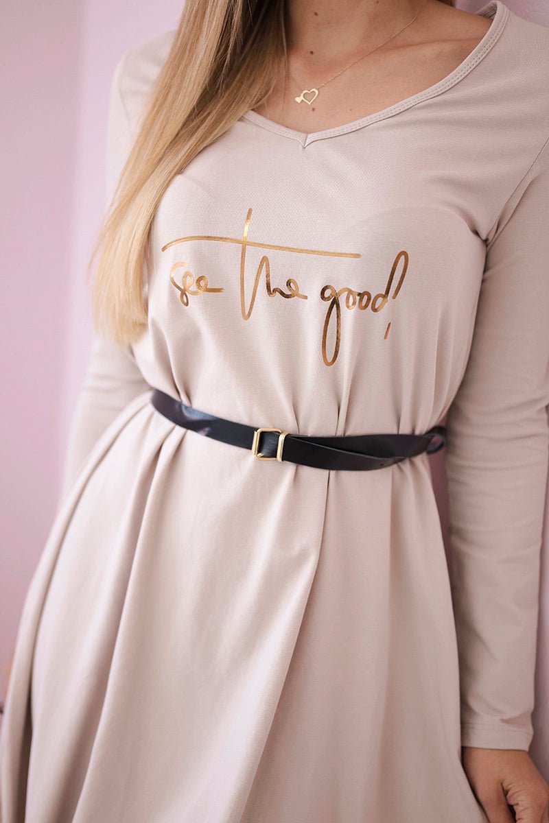 Dress with a decorative belt and an inscription 9160 / – Beige цвет / color | Lexline Fashion