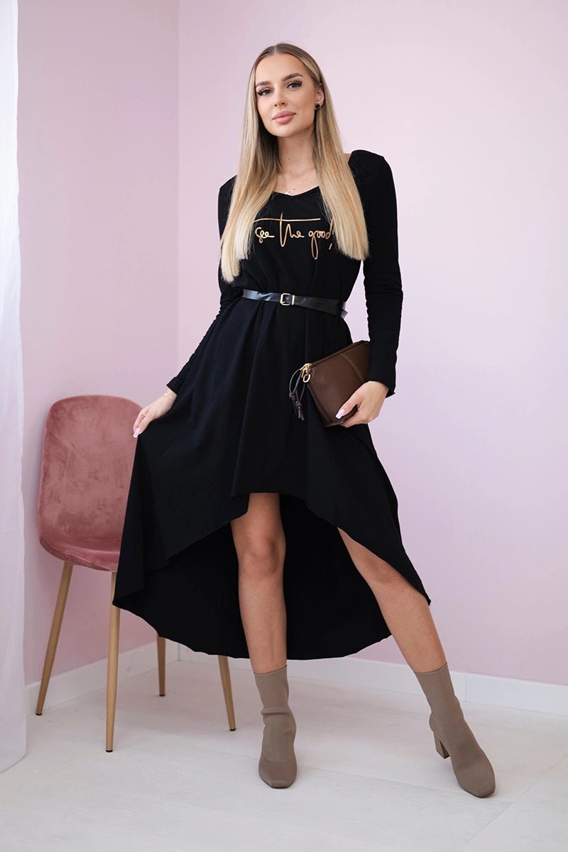 Dress with a decorative belt and an inscription 9160 / – Black цвет / color | Lexline Fashion