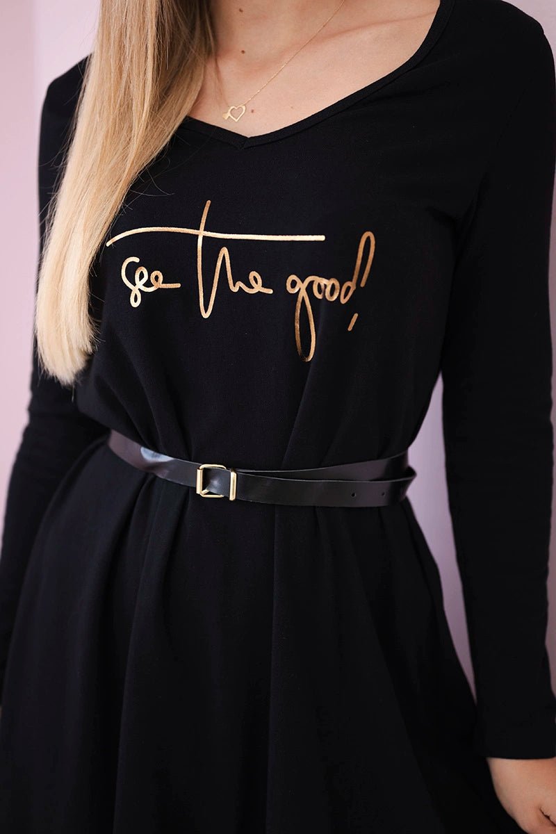 Dress with a decorative belt and an inscription 9160 / – Black цвет / color | Lexline Fashion