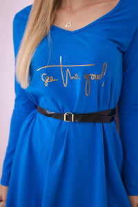 Dress with a decorative belt and an inscription 9160 / – Blue cornflower цвет / color | Lexline Fashion