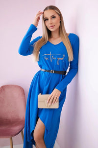 Dress with a decorative belt and an inscription 9160 / – Blue cornflower цвет / color | Lexline Fashion