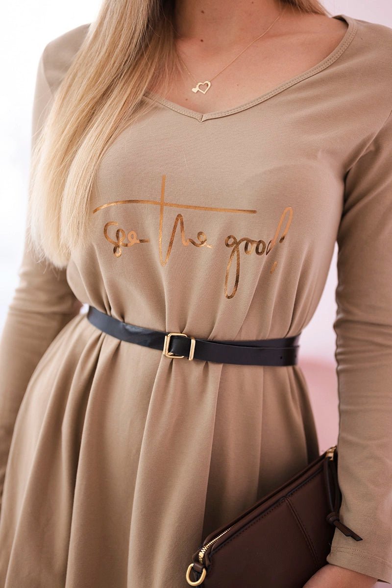 Dress with a decorative belt and an inscription 9160 / – Camel цвет / color | Lexline Fashion