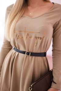 Dress with a decorative belt and an inscription 9160 / – Camel цвет / color | Lexline Fashion