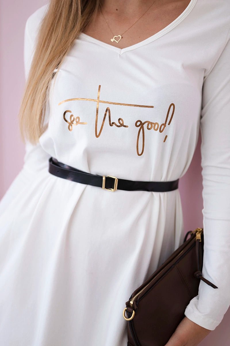 Dress with a decorative belt and an inscription 9160 / – Ecru цвет / color | Lexline Fashion