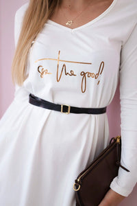 Dress with a decorative belt and an inscription 9160 / – Ecru цвет / color | Lexline Fashion