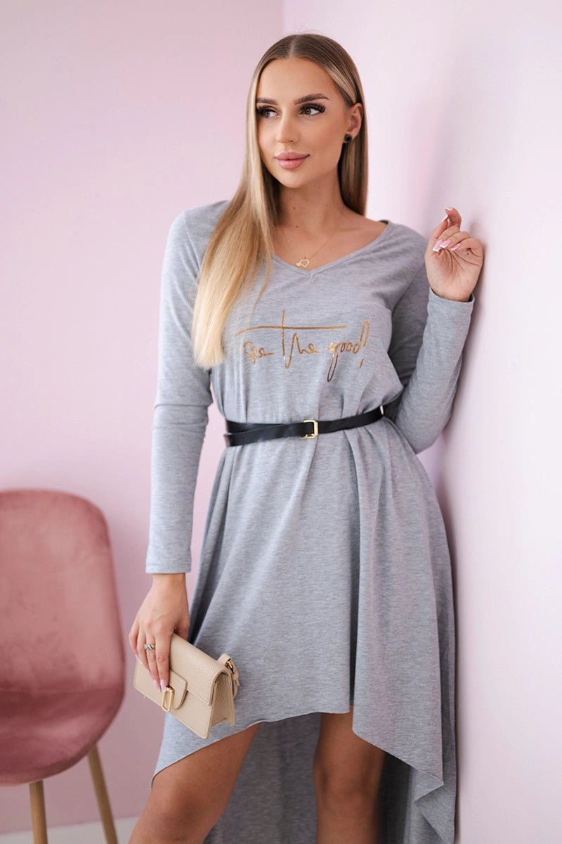Dress with a decorative belt and an inscription 9160 / – Gray цвет / color | Lexline Fashion