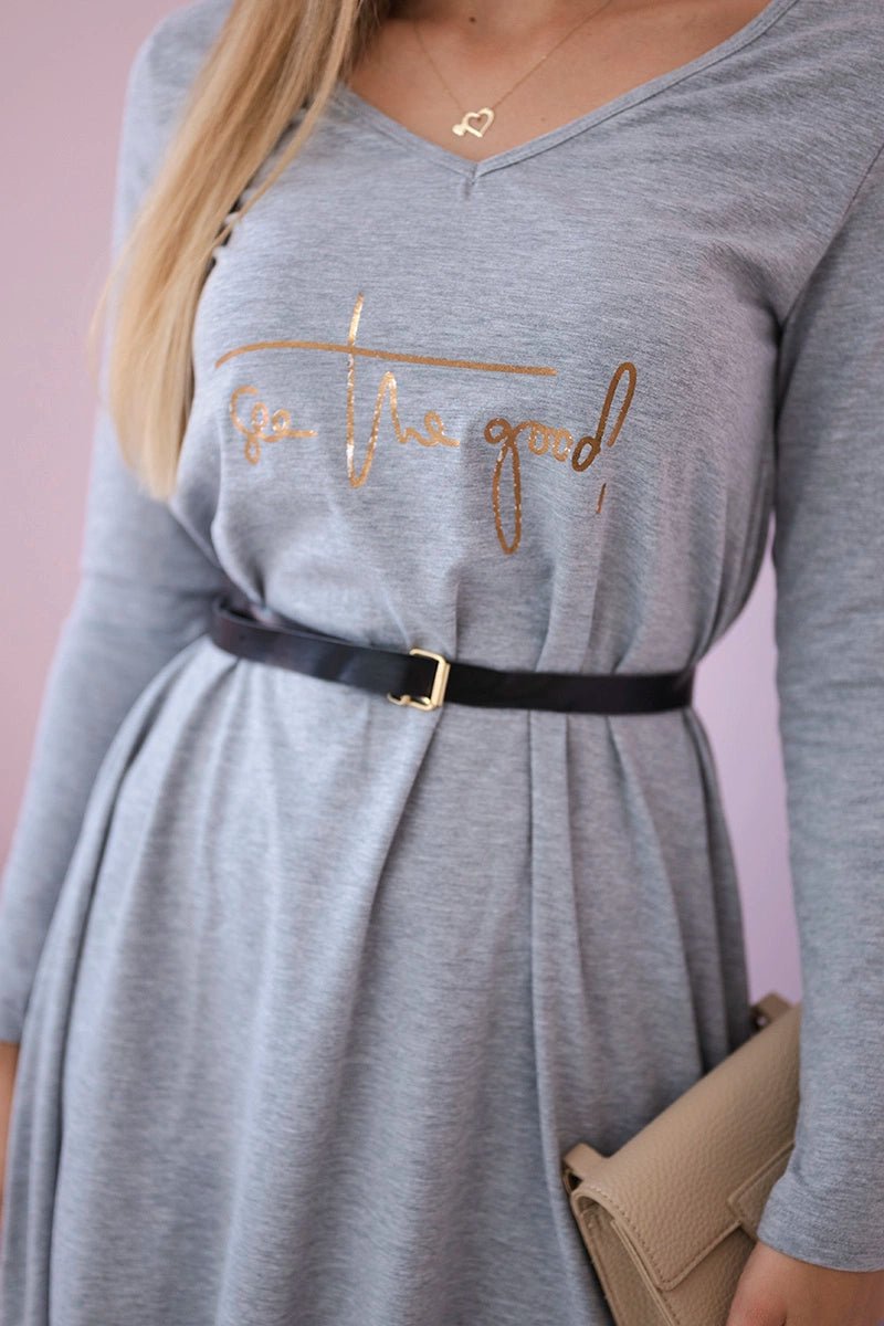 Dress with a decorative belt and an inscription 9160 / – Gray цвет / color | Lexline Fashion