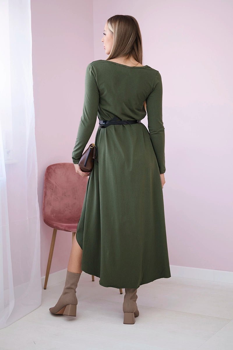 Dress with a decorative belt and an inscription 9160 / – Khaki цвет / color | Lexline Fashion