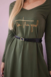 Dress with a decorative belt and an inscription 9160 / – Khaki цвет / color | Lexline Fashion