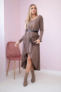 Dress with a decorative belt and an inscription 9160 / – Mocca цвет / color | Lexline Fashion